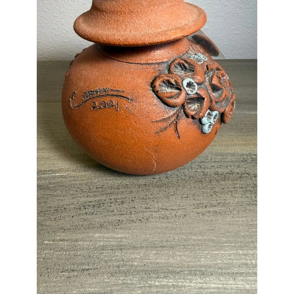 Signed Studio Pottery Oil Lamp 2001 Handmade Terracotta Floral – Decorative Only